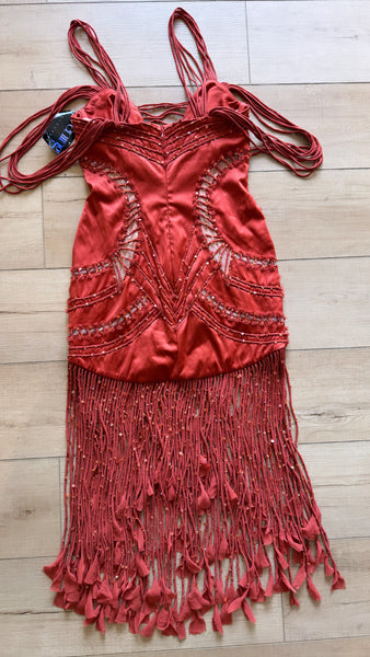 Vintage Red Beaded Embellished Fringe Dress