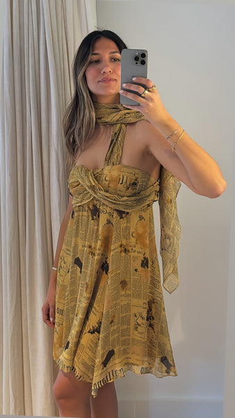 Vintage 2000's John Galliano Newspaper Print Scarf Dress