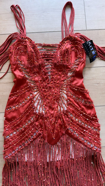 Vintage Red Beaded Embellished Fringe Dress