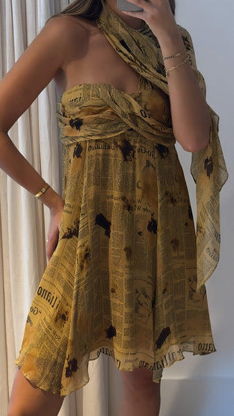 Vintage 2000's John Galliano Newspaper Print Scarf Dress