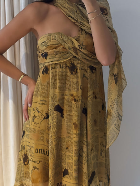 Vintage 2000's John Galliano Newspaper Print Scarf Dress
