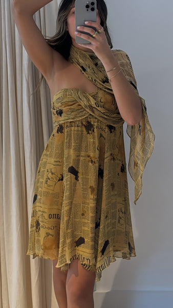 Vintage 2000's John Galliano Newspaper Print Scarf Dress