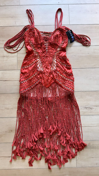 Vintage Red Beaded Embellished Fringe Dress