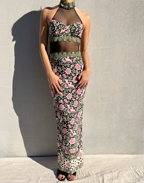 Vintage Floral Beaded Maxi Dress