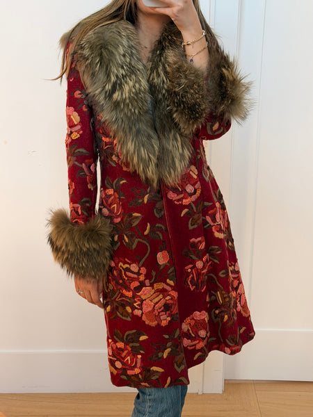 Vintage Floral Embroidered Fur Trim Coat
