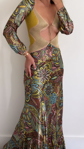 Vintage 2004 Missoni Cutout Silk Floral Metallic Gown