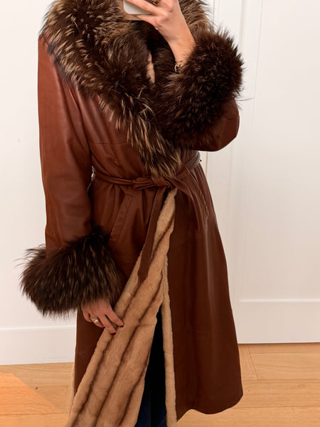 Vintage Brown Leather Fox Trim Wrap Coat