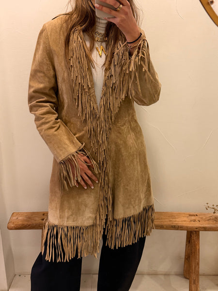 Vintage Beige Suede Mid-Length Fringe Coat
