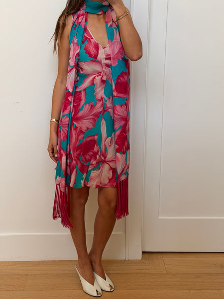 Vintage Céline S/S 2004 Runway Hibiscus Print Dress & Scarf Set