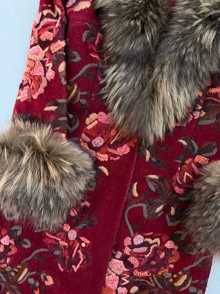 Vintage Floral Embroidered Fur Trim Coat