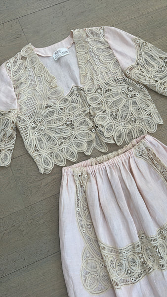 Vintage Light Pink Antique Lace Skirt & Top Set