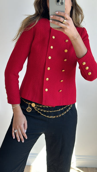 Vintage Chanel Red Tweed Jacket with Gold CC Buttons