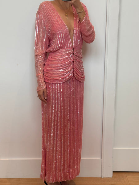 Vintage 1970s Pink Sequin Maxi Dress