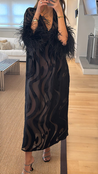 Vintage Valentino Velvet Print & Feather Sleeve Dress