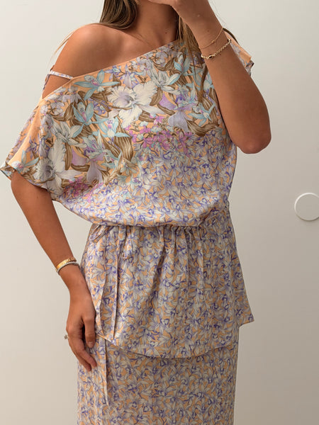 Vintage Floral Silk Top & Skirt Set