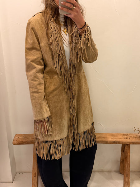 Vintage Beige Suede Mid-Length Fringe Coat