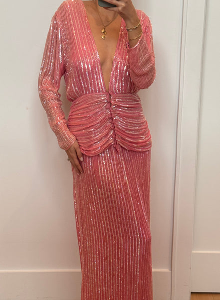 Vintage 1970s Pink Sequin Maxi Dress