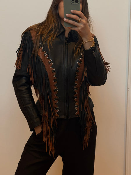 Vintage Black & Brown Leather Fringe Jacket