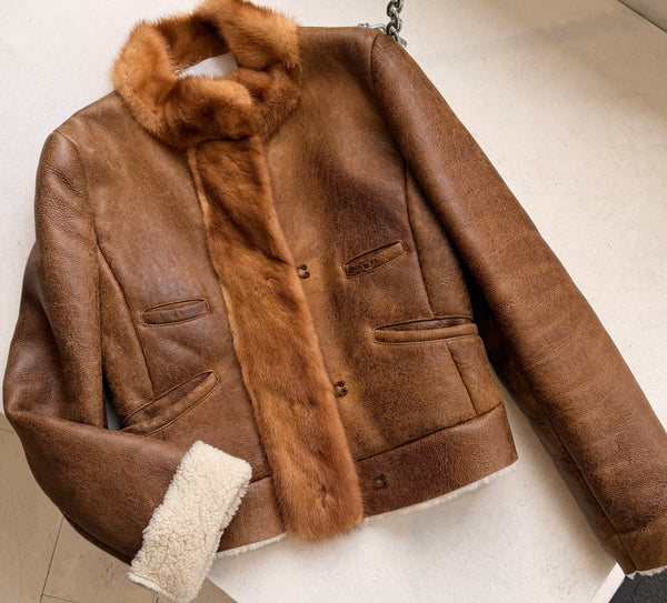 Vintage Prada A/W 2004 Mink Trim Shearling Leather Jacket