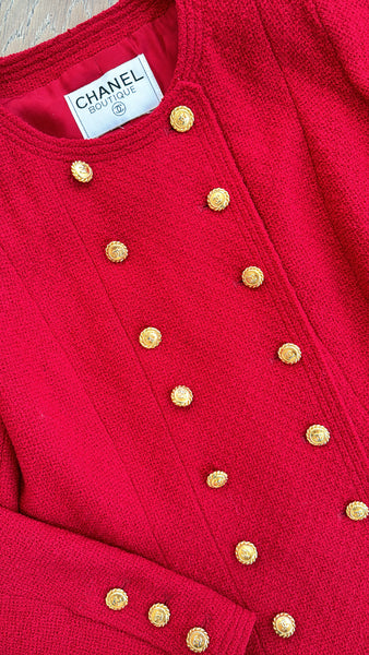 Vintage Chanel Red Tweed Jacket with Gold CC Buttons