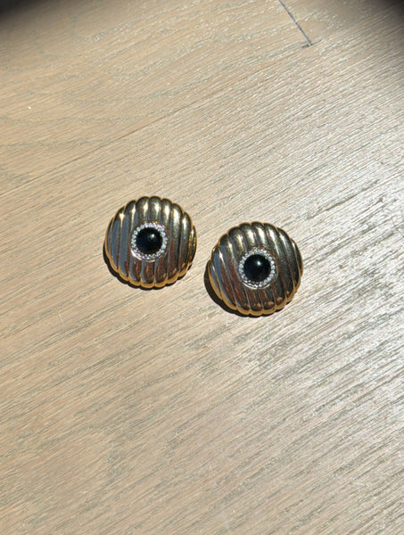 Vintage 1980s Onyx Circle Rhinestone Earrings