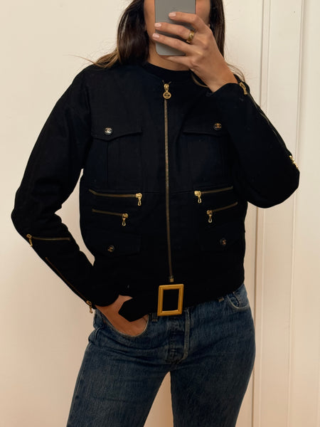 1990s Chanel Black Moto Jacket with Gold Buckle