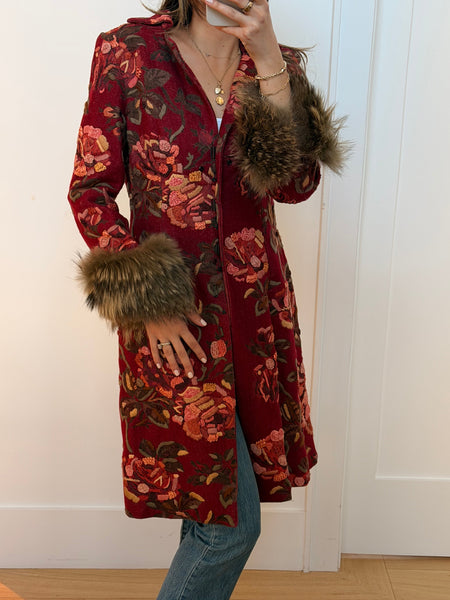 Vintage Floral Embroidered Fur Trim Coat