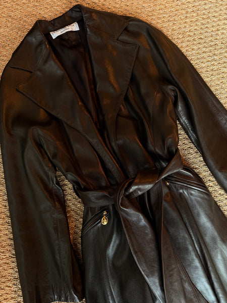 Vintage Christian Dior Brown Leather Maxi Wrap Coat