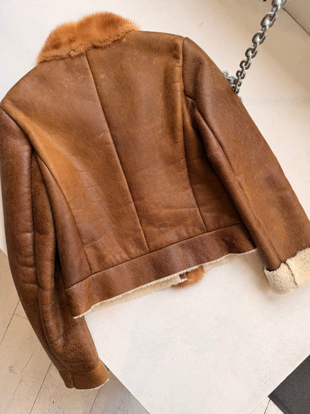 Vintage Prada A/W 2004 Mink Trim Shearling Leather Jacket