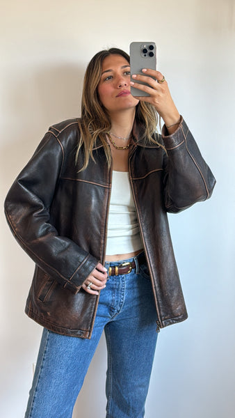 Vintage 90s Brown Washed Leather Jacket