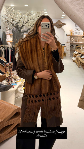 Vintage Mink Fur Leather Fringe Tassel Scarf