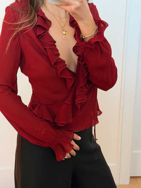 Vintage Christian Dior by Galliano Red Ruffle Blouse