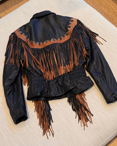 Vintage Black & Brown Leather Fringe Jacket