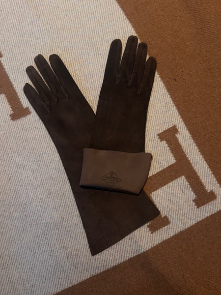 Vintage 1950s Hermès Couture Brown Suede Gloves