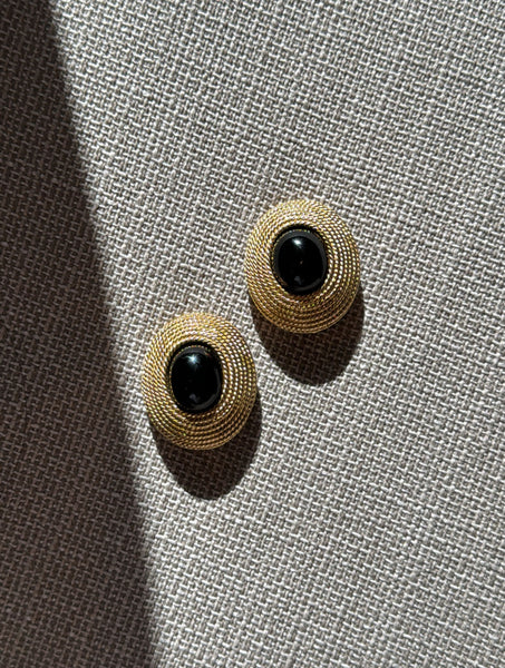 Vintage 80s Gold Onyx Clip-On Earrings