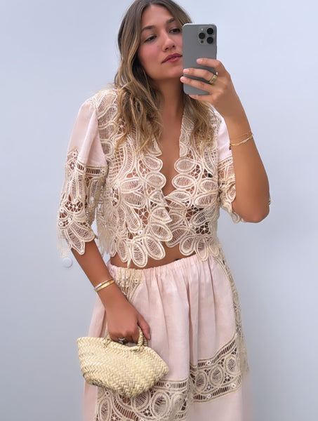 Vintage Light Pink Antique Lace Skirt & Top Set