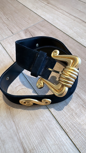 Vintage Black Suede Oversized Belt with Gold Buckle