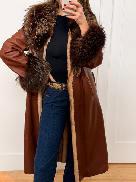 Vintage Brown Leather Fox Trim Wrap Coat