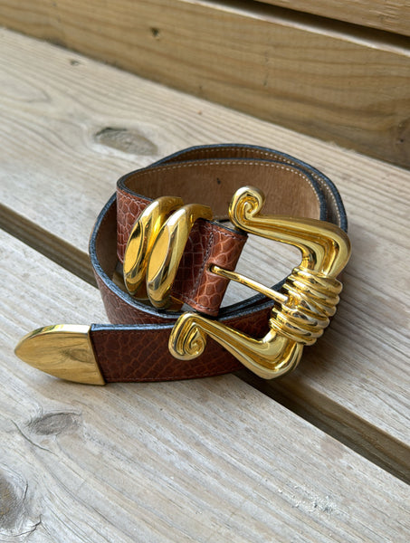 Vintage Western Brown Leather Belt with Gold Buckle