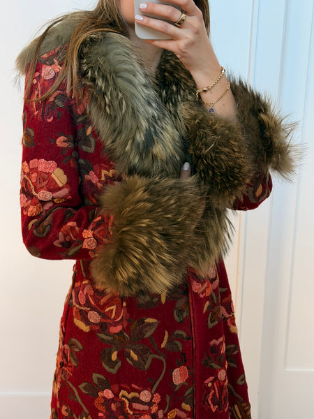 Vintage Floral Embroidered Fur Trim Coat