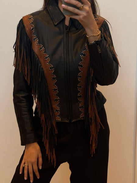 Vintage Black & Brown Leather Fringe Jacket