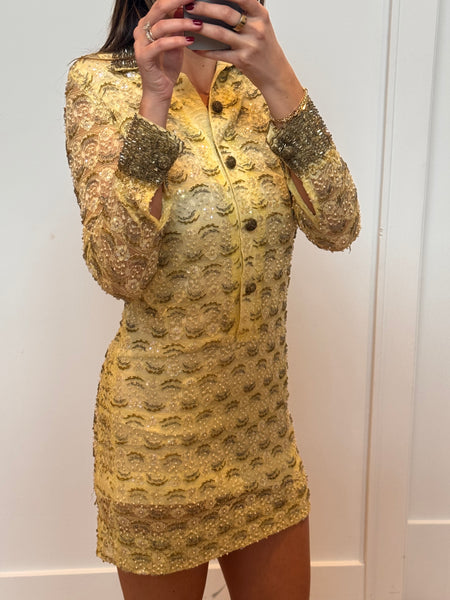 Vintage 1960s Beaded Mini Yellow Lace Dress