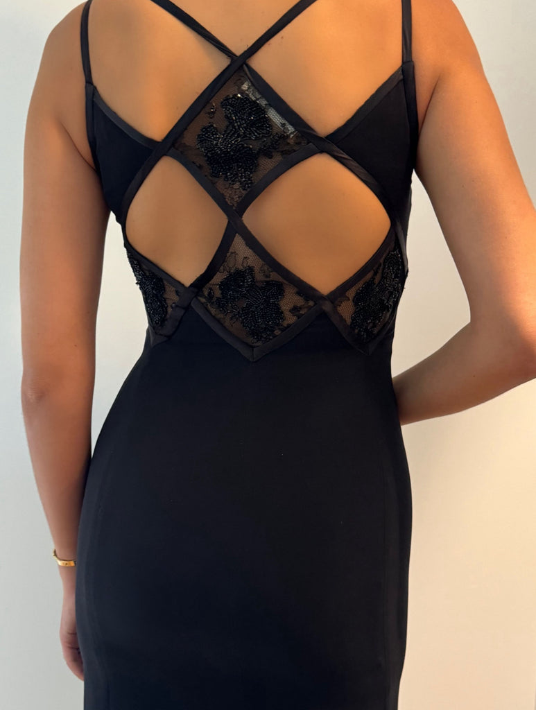 Vintage Valentino AW 2004 Embellished Back Black Midi Dress NN VINTAGE Vintage Valentino AW 2004 Embellished Back Black Midi Dress NN VINTAGE