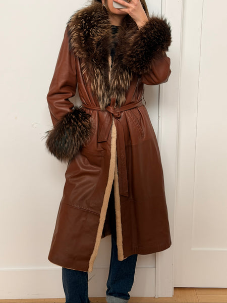 Vintage Brown Leather Fox Trim Wrap Coat