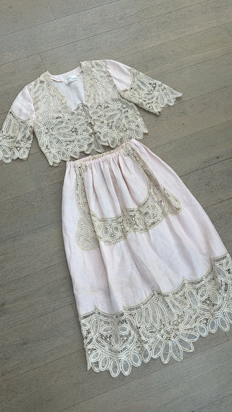 Vintage Light Pink Antique Lace Skirt & Top Set