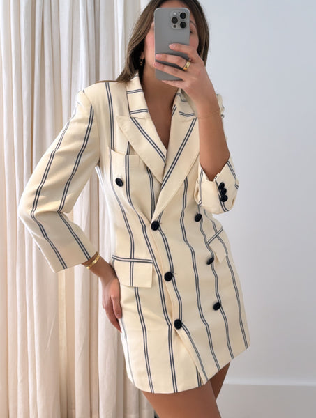 Vintage Gucci Ivory & Navy Blue Striped Blazer Dress