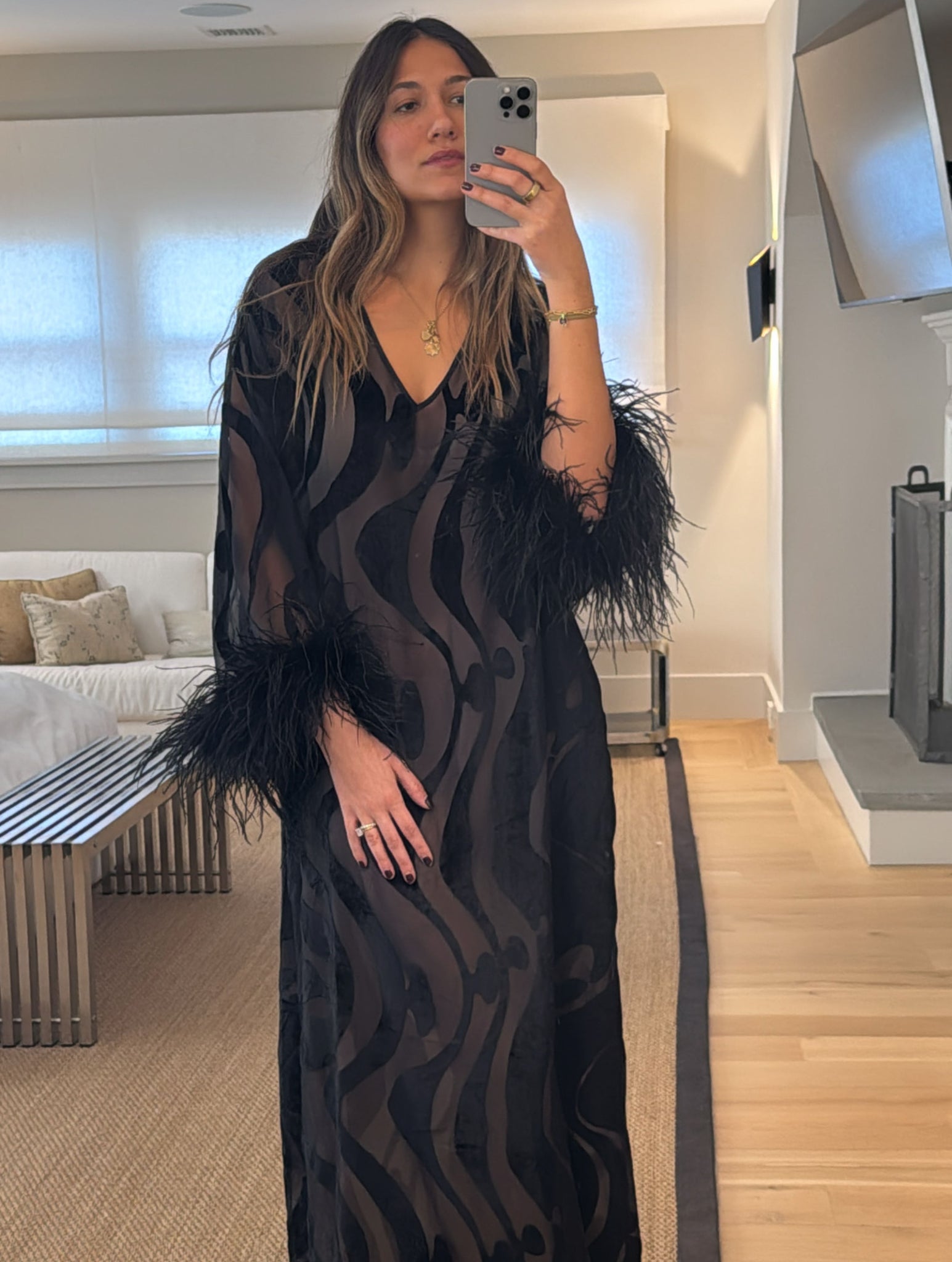 Vintage Valentino Velvet Print & Feather Sleeve Dress