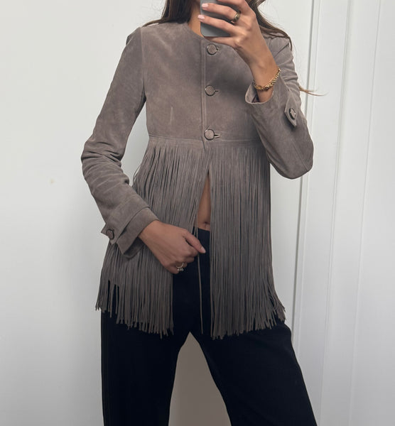 Vintage Plein Sud Gray Suede Fringe Jacket