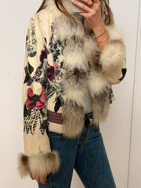 Vintage Roberto Cavalli F/W 2008 Hand-Painted Fox Trim Fur Lined Jacket