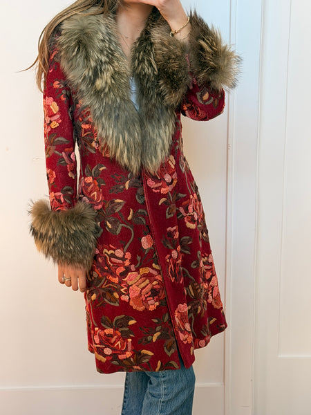 Vintage Floral Embroidered Fur Trim Coat